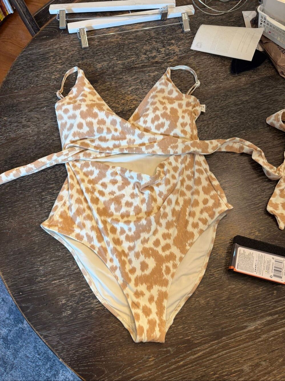 Aerie Cream & Tan Cheetah Wrap Around Swimsuit sz L NWT